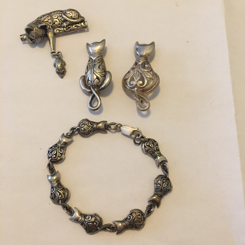 Vintage Jezlaine Sterling Lot Cat Bracelet Brooch